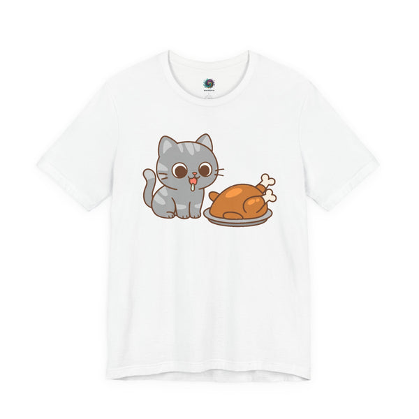 White t-shirt with cartoon cat holding a turkey graphic on the chest