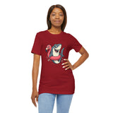 Red crewneck T-shirt with cartoon shark and flamingo graphic, side view