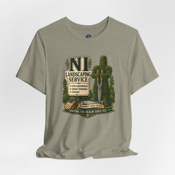 Heather gray crew-neck T-shirt with colorful “Landscaping Service” graphic print