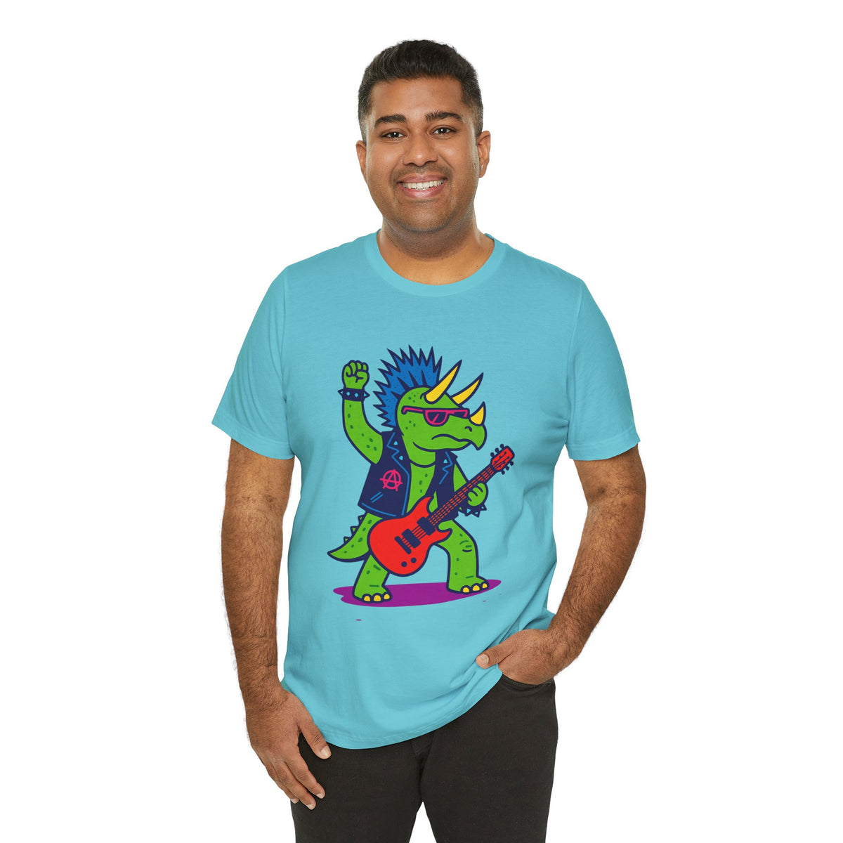 Turquoise short-sleeve crewneck T-shirt with cartoon triceratops playing a red guitar