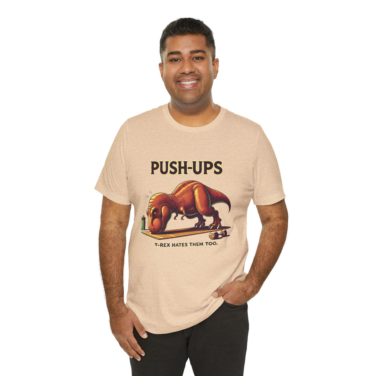 Beige graphic T-shirt with PUSH-UPS text and T-Rex workout push-up image