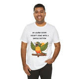 White crewneck T-shirt showing parrot alarm clock graphic with slogan