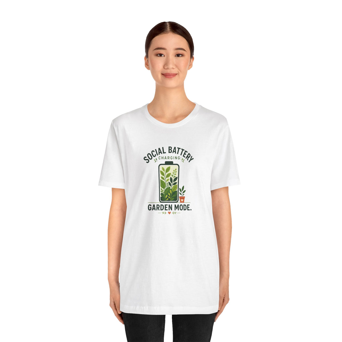 White garden mode t-shirt on model, centered plant and 'Garden Mode' text