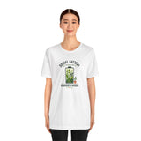 White garden mode t-shirt on model, centered plant and 'Garden Mode' text