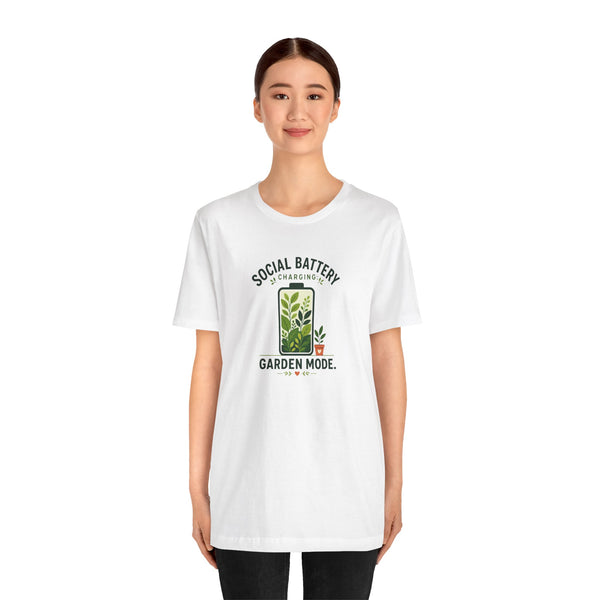White garden mode t-shirt on model, centered plant and 'Garden Mode' text