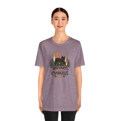 Introvert But Make It Candlelit T-shirt - Witchy Bookish Cat Tee