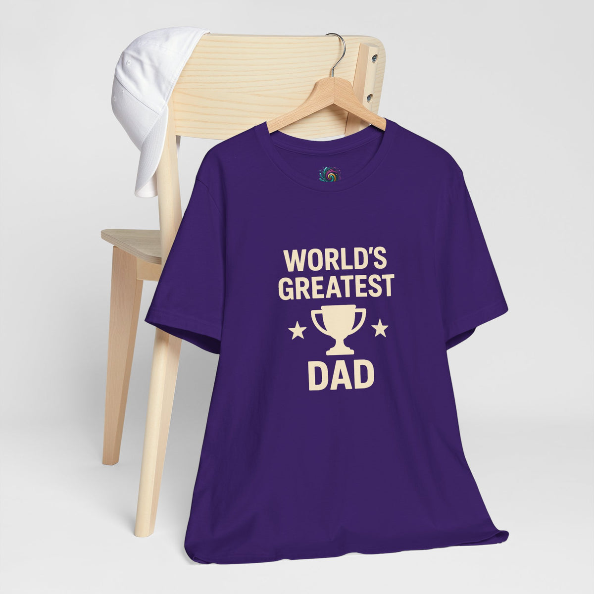 Purple T-shirt with “World’s Greatest Dad” trophy graphic with stars on front