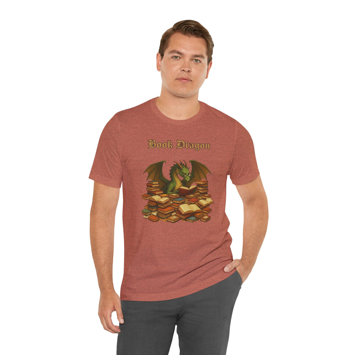 Rust brown crewneck t-shirt with Book Dragon graphic, worn by male model