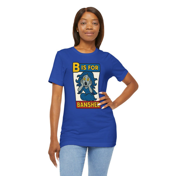 Royal blue crew-neck T-shirt with "B is for Banshee" graphic, model standing