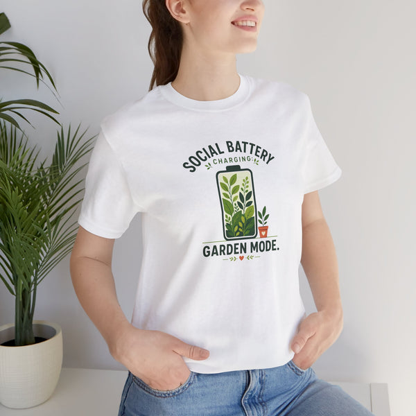 White garden mode t-shirt on model, 'Social Battery' plant graphic front