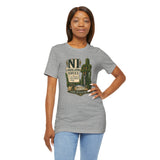 Heather gray crewneck T-shirt with green shrub and cactus emblem print on front