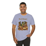 Lavender crew-neck T-shirt with Book Dragon lettering and dragon on book pile