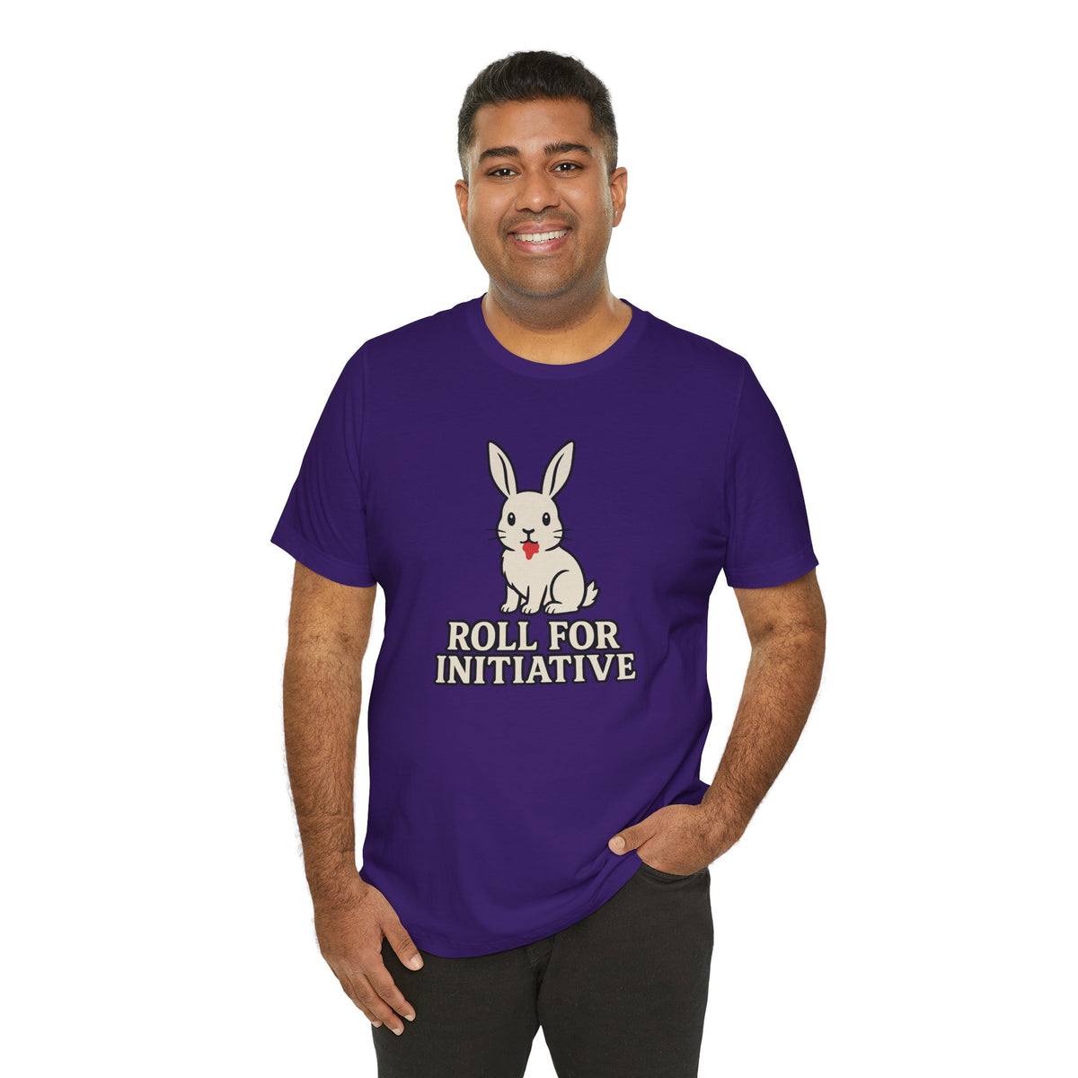 Purple T-shirt with bunny graphic and “Roll for Initiative” print on chest