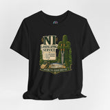 Black crew-neck T-shirt with large green-and-yellow landscaping service graphic on front