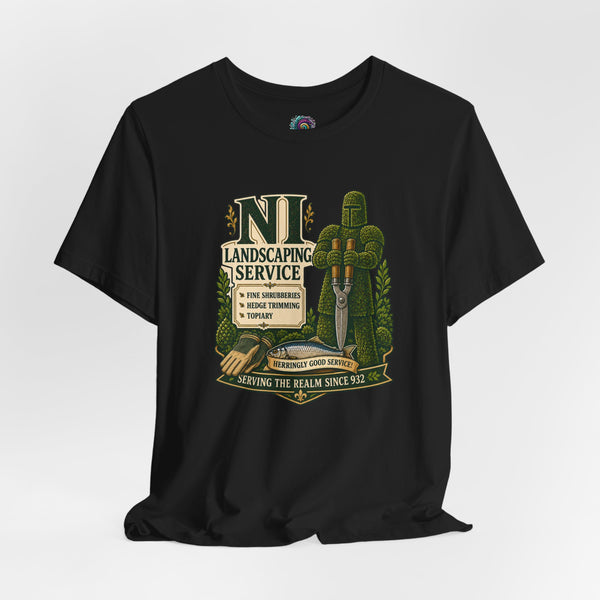 Black crew-neck T-shirt with large green-and-yellow landscaping service graphic on front