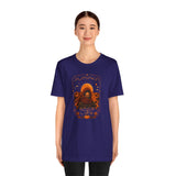 Navy unisex crew-neck T-shirt with pumpkin spice sci-fi logo graphic on front
