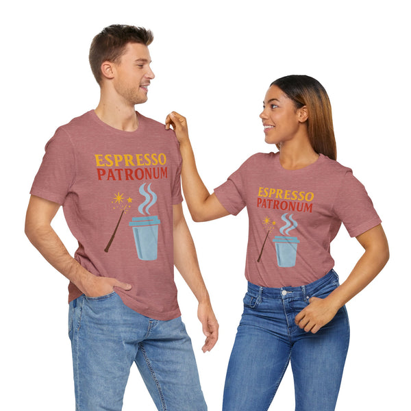 Mauve crew-neck graphic T-shirt with espresso-themed print at center
