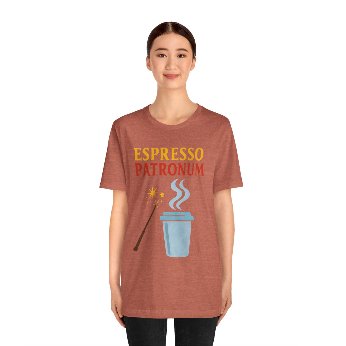 Rust red short-sleeve T-shirt with “ESPRESSO PATRONUM” coffee graphic on chest