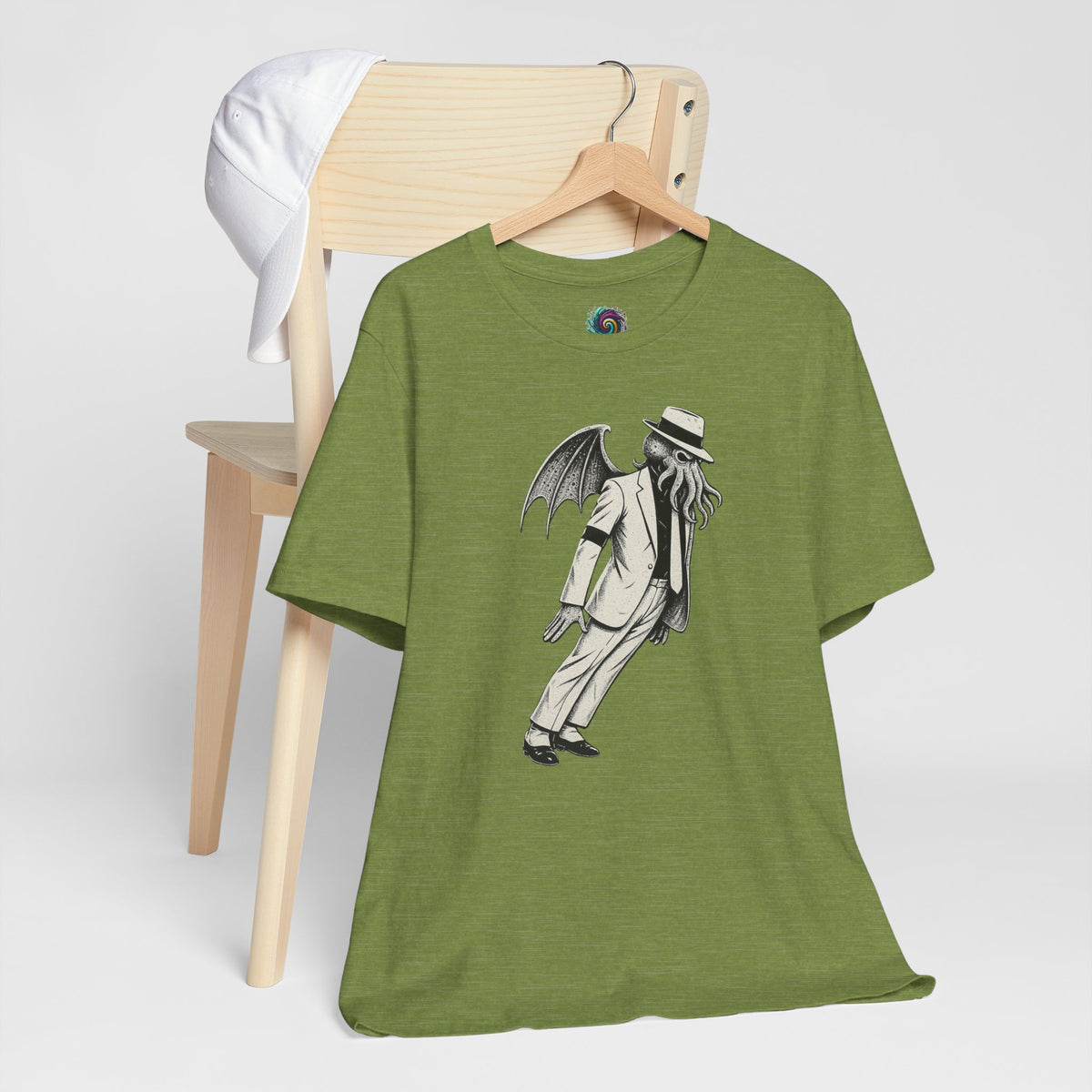 Olive green crew-neck T-shirt featuring a gray tentacled figure in a top hat graphic