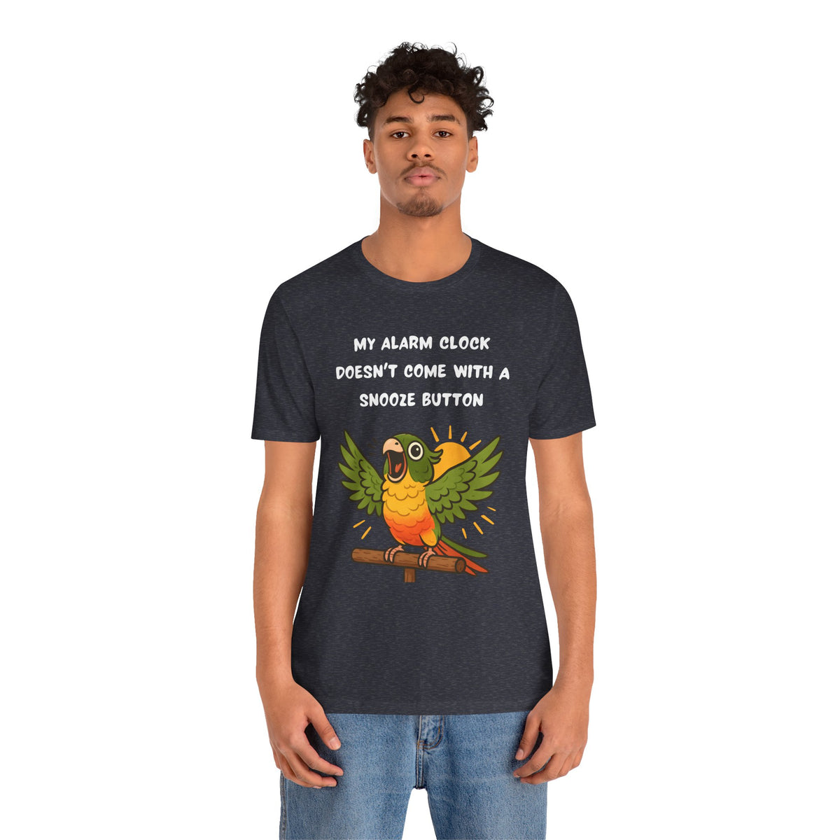 Dark heather T-shirt on model featuring parrot graphic and 'My alarm clock...snooze button'