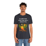 Dark heather T-shirt on model featuring parrot graphic and 'My alarm clock...snooze button'