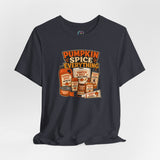 Dark heather short-sleeve T-shirt with “Pumpkin Spice Everything” graphic on chest