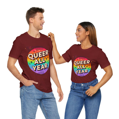 Queer All Year Tee – Retro Rainbow LGBTQ+ Graphic Shirt