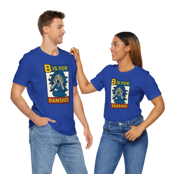 Pair of blue crew-neck T-shirts with "B is for Banshee" front graphic prints