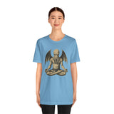 Light blue unisex crewneck t-shirt with meditating monster graphic on chest