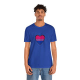 Royal blue T-shirt with center heart bisexual pride flag graphic, worn by man