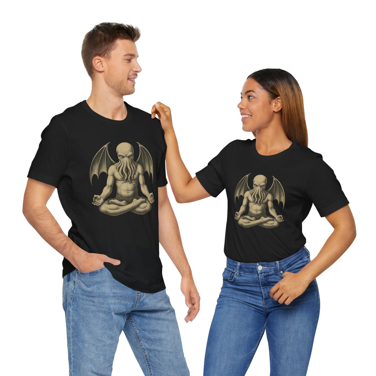 Unisex black graphic T-shirt with gold meditating sea-creature front print