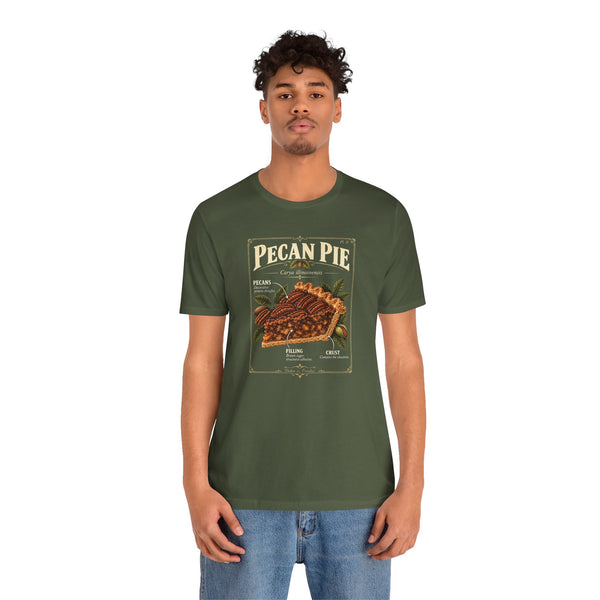 Olive green men’s T-shirt with front pecan pie anatomy chart graphic.