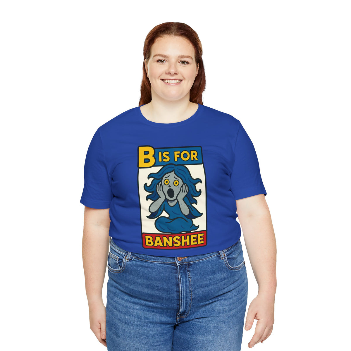 Royal blue crew-neck T-shirt with "B is for Banshee" front graphic