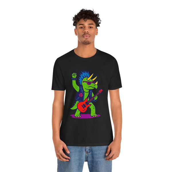 Black crewneck t-shirt with neon triceratops punk guitarist graphic