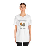White crew-neck t-shirt worn by model; orange chicken graphic with “CRACK DEALER”