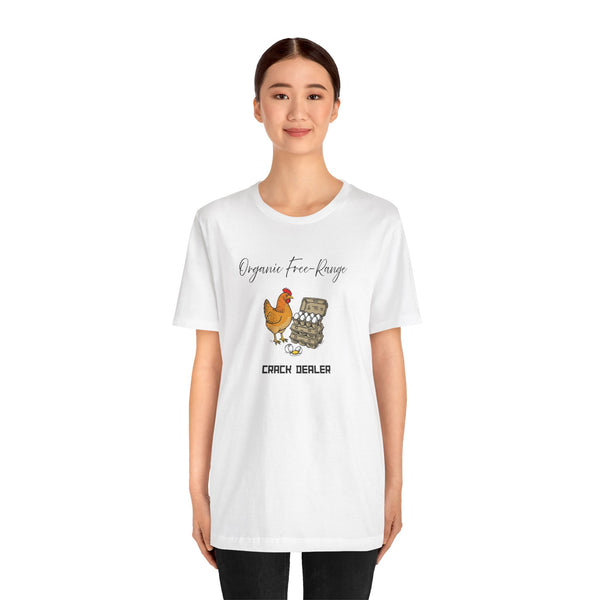 White crew-neck t-shirt worn by model; orange chicken graphic with “CRACK DEALER”