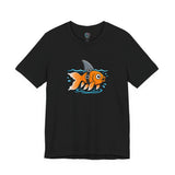 Black graphic T-shirt with orange fish-shark swimming front print