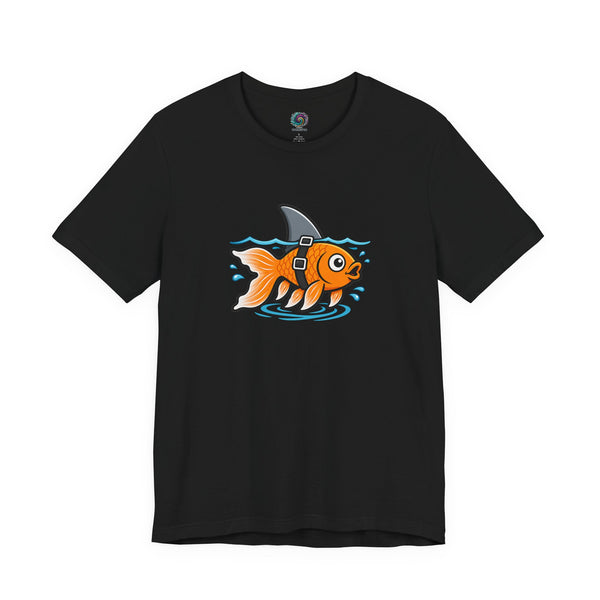 Black graphic T-shirt with orange fish-shark swimming front print
