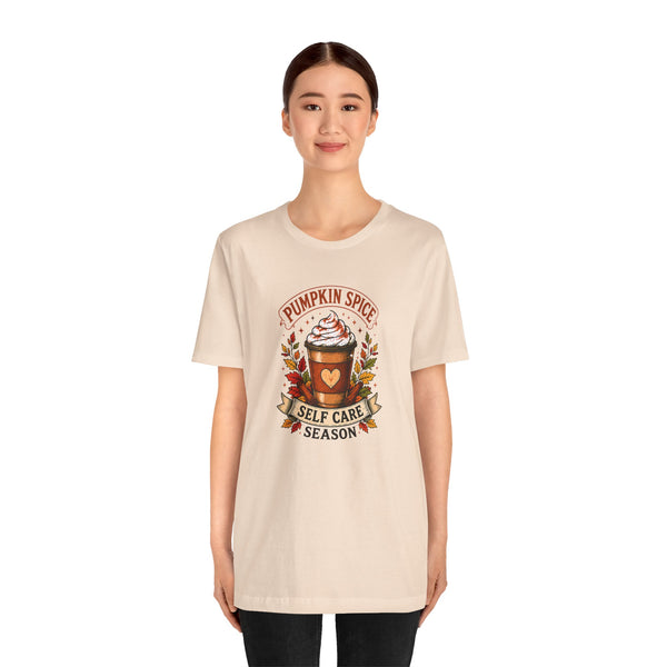 Soft cream crewneck T-shirt with pumpkin spice self-care season graphic