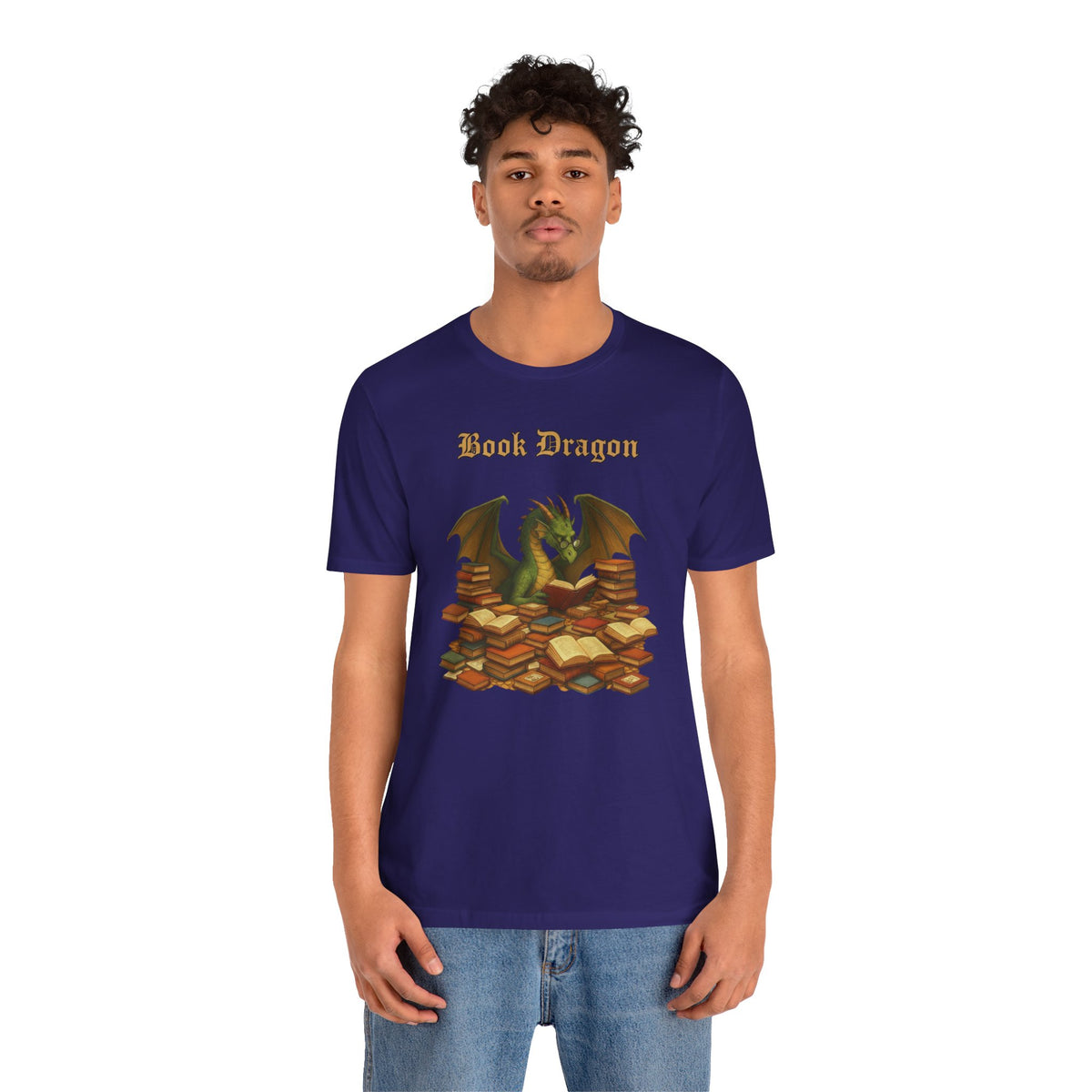 Navy short-sleeve t-shirt featuring a dragon with stacked books front print