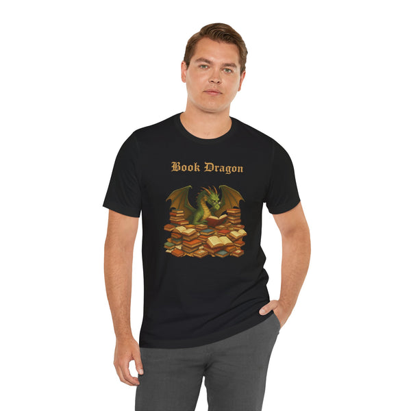 Black crewneck T-shirt on a man; “Book Dragon” design featuring dragon and stacked books