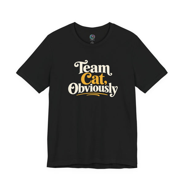 Black crewneck T-shirt with 'Team Cat, Obviously' lettering and underline graphic