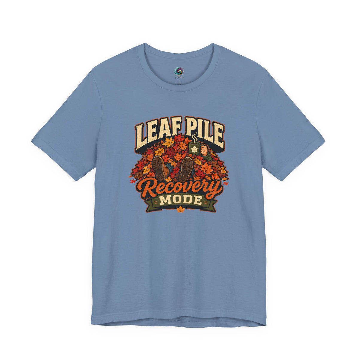 Leaf pile graphic recovery mode T-shirt in steel blue with fall leaves front print