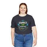 Navy crew-neck T-shirt with “Family IT Department” logo graphic on front