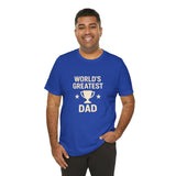 Blue crew-neck T-shirt with centered “World’s Greatest Dad” trophy graphic on front