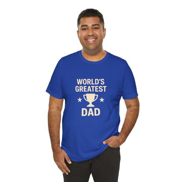 Blue crew-neck T-shirt with centered “World’s Greatest Dad” trophy graphic on front
