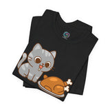 Black crew-neck t-shirt with cartoon cat holding a small turkey graphic