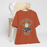Burnt orange crewneck T-shirt with All-Nighter Club coffee graphic