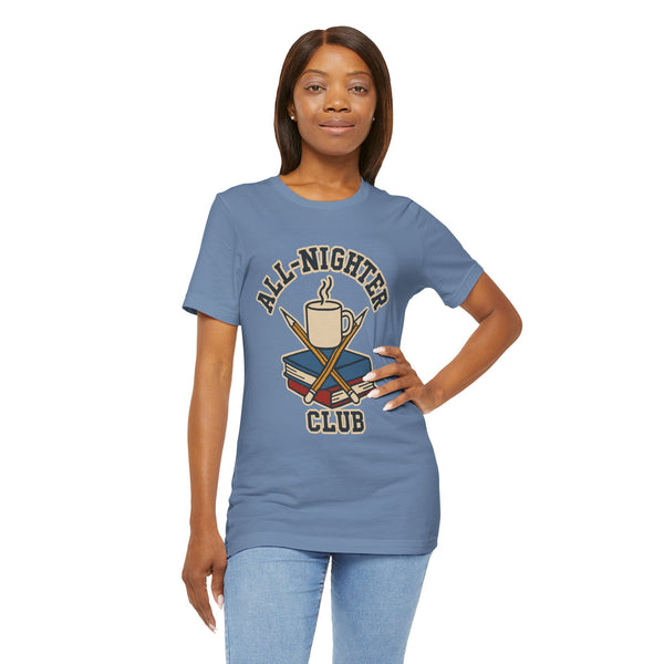 Blue crew-neck T-shirt with “All-Nighter Club” coffee-and-books graphic
