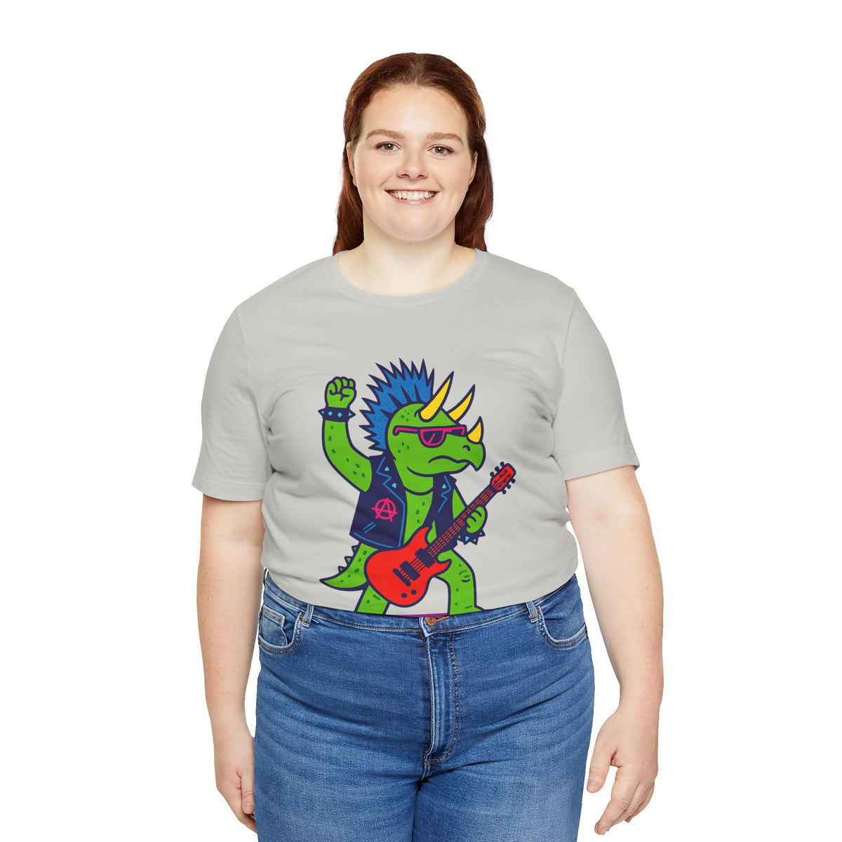 Heather gray T-shirt featuring punk triceratops playing a red electric guitar print